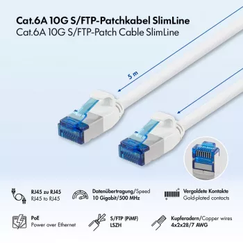 LogiLink Cat.6A Slim S/FTP LSZH patchkábel, fehér, 5 m, SlimLine