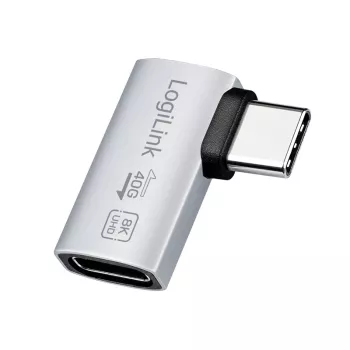 LogiLink USB4 Type-C 90° adapter, C/M–C/F, 40 Gbit/s, 240W, 8K/60Hz, alumínium, ezüst