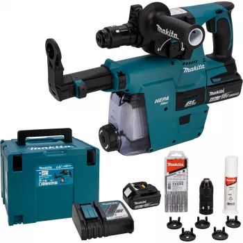 Makita DHR243JWX2 18V kefe nélküli SDS-Plus 3 üzemmódú akkus fúrókalapács 2x 5,0Ah akkumulátorral, töltővel és Makpac-kofferrel
