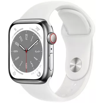 Apple Watch Series 8 GPS + Cellular 41mm nemesacél tok sport szíjjal, ezüst/fehér (MNJ53EL/A)