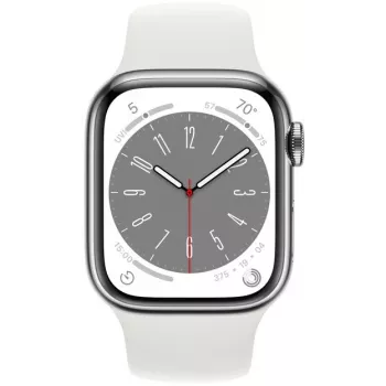 Apple Watch Series 8 GPS + Cellular 41mm nemesacél tok sport szíjjal, ezüst/fehér (MNJ53EL/A)