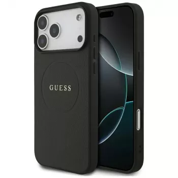 Guess Grained Gold Ring MagSafe tok Apple iPhone 18 Pro Max / 17 Pro Max-hoz, fekete