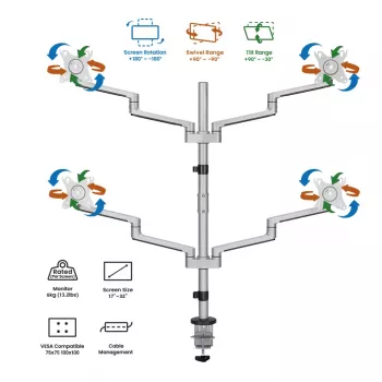 Logilink négyszeres monitorállvány, 17-32 inch, alumínium, ezüst