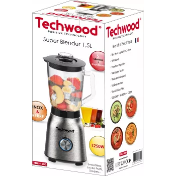 Techwood TBLI-1250 asztali mixer 1200 W 1,5 L üvegedény fekete/ezüst