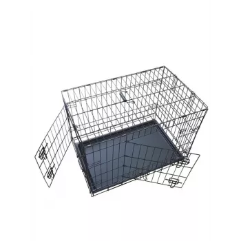 Összecsukható kutyaketrec 76x48x54 cm – nehéz teherbírású acélháló, dupla ajtó, kivehető tálca, fekete