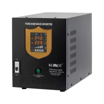 KEMOT PROsinus-2200 tiszta szinuszos UPS inverter töltővel, 12V DC-ről 230V AC-ra, 2200VA/1600W, torony, fekete
