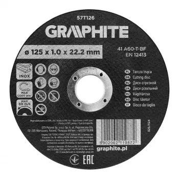 GRAPHITE 125 x 1,0 x 22,2 mm korund vágótárcsa fémhez és rozsdamentes acélhoz, 41 A60-T-BF, 110 darab dobozban