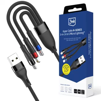 3mk Hyper Cable N-SERIES 3 az 1-ben USB-A–USB-C/Lightning/MicroUSB kábel 1,2 m 9V/2A 18W fekete