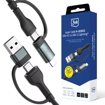 3mk Hyper Cable N-SERIES USB-A/USB-C–USB-C/Lightning kábel 1,2 m 9V/2A 60W fekete