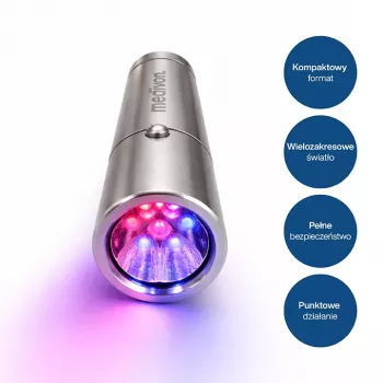 MEDIVON Lumix kompakt LED fényterápiás lámpa, 5 hullámhossz 460–900 nm, 5 perces időzítő, Li-ion akkumulátor, ezüst