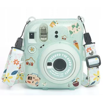 LOVEINSTANT védőtok Fujifilm Instax Mini 12-höz matricákkal és fotótáskával - zöld csillogó