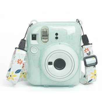 LOVEINSTANT védőtok Fujifilm Instax Mini 12-höz matricákkal és fotótáskával - zöld csillogó