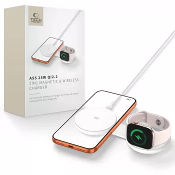 TECH-PROTECT A55 2 az 1-ben mágneses MagSafe töltő 25W Qi2.2 fehér