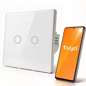 Qoltec 2 csatornás érintéses okos fénykapcsoló Wi-Fi Tuya Smart Life edzett üveg fehér