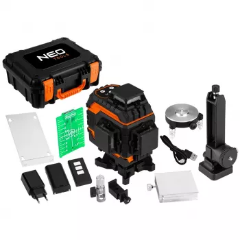 NEO TOOLS 75-141 3D lézervonalas szintező, 16 vonal, zöld sugár, táska, céllemez, mágneses tartó, töltő