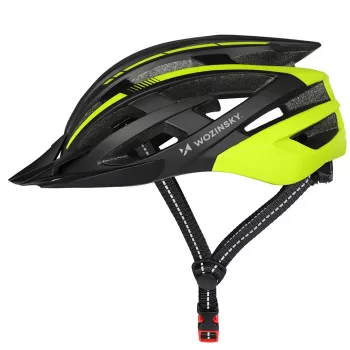 WOZINSKY MTB kerékpáros sisak, levehető napellenzővel és USB hátsó lámpával, 57-62 cm, fekete-sárga