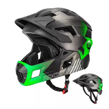 Rockbros TS-61 gyermek átalakítható full-face kerékpáros sisak, levehető állvédővel, zöld, S méret (48-54 cm)