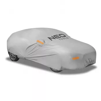 NEO TOOLS többrétegű vízálló autótakaró, XL, 2 rétegű PEVA, UV védelem, rugalmas szegély, rögzítőhevederek, szürke