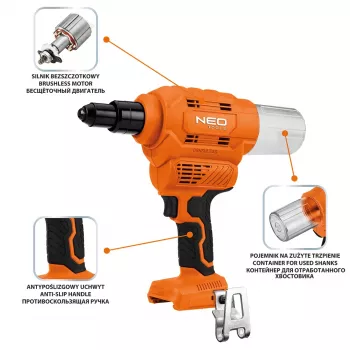 NEO TOOLS 18V E+ akkumulátoros szegecselő pisztoly (akkumulátor nélkül)