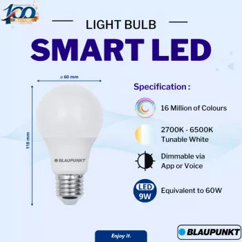 Blaupunkt E27 9W okos LED izzó A60 – Tunable White & RGB, Wi-Fi, Alexa/Google Assistant