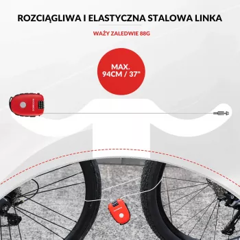 Rockbros Retractable Cable Lock 32420981001 piros - 3 számjegyű számzár, 90 cm fonott acél