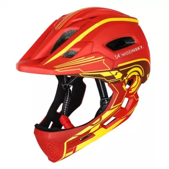 Wozinsky Full-Face gyerek kerékpáros sisak USB hátsó lámpával, piros-sárga, 52-56 cm