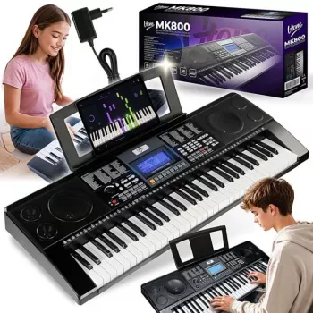V-TONE MK800 hordozható oktató elektronikus billentyűs hangszer, 61 dinamikus billentyű, 300 hang, 300 ritmus, 40 demó dal, LCD kijelző, USB-MIDI, fejhallgató kimenet, mikrofon bemenet, sustain pedál bemenet, 2x5W hangszóró, fekete