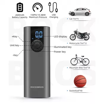 ROCKBROS elektromos bringapumpa LED-kijelzővel, USB-C töltéssel, 150 PSI, Presta/Schrader/Dunlop, fekete