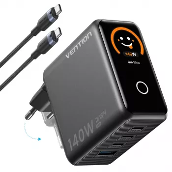 Vention 140W GaN töltő 1x USB-A, 3x USB-C csatlakozóval és USB-C - USB-C kábellel 1m