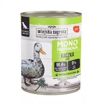 WIEJSKA ZAGRODA Mono kacsa nedves táp kutyáknak – 800g konzerv, gabonamentes, egyetlen fehérjeforrással