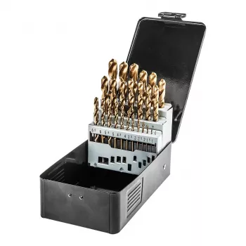 NEO TOOLS 25 részes HSS-TiN spirálfúró készlet fémhez, 1,0–13,0 mm, DIN 338, 135° keresztcsiszolás, fémkazetta