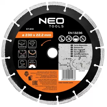 NEO TOOLS 230 mm lézerhegesztett szegmensgyémánt vágótárcsa betonhoz és kőhöz, 22,2 mm furattal