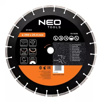 NEO TOOLS 350 mm lézerhegesztett szegmens gyémántvágó tárcsa, 25,4 mm furat, betonhoz, aszfalthoz, kőhöz