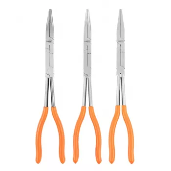 NEO TOOLS 01-293 dupla csuklós fogókészlet, 3 részes, króm-vanádium acél, 280 mm, egyenes, 45°-os és 90°-os hajlított heggyel, ergonomikus csúszásmentes markolattal