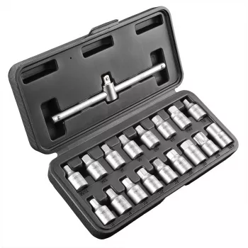 NEO TOOLS olajleeresztő kulcskészlet 3/8 inch hajtás, 18 részes, króm-vanádium, négyszögletű/hatlapú/Torx/hornyos dugókulcsok, műanyag tok