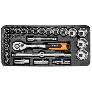 NEO TOOLS 84-238 1/2 inch dugókulcs-készlet 27 részes racsnival, hosszabbítókkal, kardáncsuklóval, csúszófogantyúval és tokkal | CrV acél | 10-32 mm