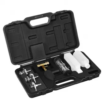 NEO TOOLS 11-271 hengerfejtömítés-szivárgásvizsgáló – CO2 égéstermék-szivárgás-detektor készlet benzin-, dízel- és LPG-motorokhoz, 250 ml brómtimolkék folyadékkal, univerzális kúpos adapterrel és 10 márkaspecifikus hűtőadapterrel
