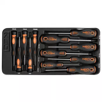 NEO TOOLS 12 részes precíziós és standard csavarhúzókészlet PZ, TX, lapos, Phillips, mágneses heggyel, króm-vanádium acél, kétkomponensű markolattal, tárolótállal