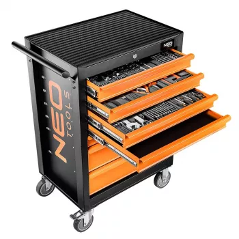 NEO TOOLS műhelyszekrény 7 fiókkal és 129 darabos szerszámkészlettel, piros/fekete, golyóscsapágyas kihúzók, központi zár, 400 kg teherbírás