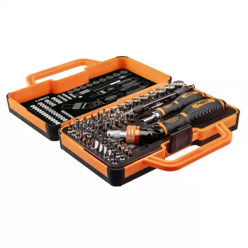 NEO TOOLS 69 részes csavarhúzó-bitszett racsnis fogantyúval, S2 acél bitek, 1/4 inch hatszögletű, Phillips, Pozidriv, lapos, Torx, belső hatszögletű, négyszögletű, Spanner, Tri-Wing, Torq-Set, mágneses tartó, tárolódoboz