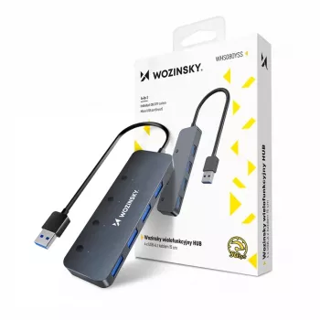 Wozinsky WHS080YSS 4 portos USB-A 3.0 hub egyedi kapcsolókkal, alumínium, szürke, 15 cm kábel