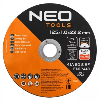 NEO TOOLS vágótárcsák 41A 60 S BF - 125x1,0x22,23 mm ACÉL/INOX, 100 darab vödörben