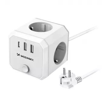 Wozinsky WKZ-3B 4-es elosztó Power Cube 2 USB-A és 1 USB-C porttal, 4000 W, 1,8 m kábel, fehér