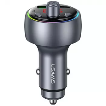 USAMS CC328 30W Bluetooth FM-transzmitter autós töltő USB-C PD és USB-A QC3.0 csatlakozóval, kihangosító, LED-kijelző, fekete