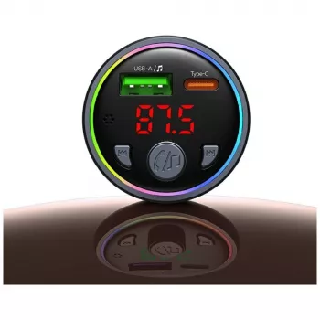 USAMS CC328 30W Bluetooth FM-transzmitter autós töltő USB-C PD és USB-A QC3.0 csatlakozóval, kihangosító, LED-kijelző, fekete