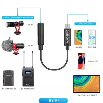 BOYA BY-K4 3,5 mm-es TRS-aljzat–USB-C-dugó adapterkábel mikrofonokhoz (6 cm, fekete)
