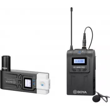 BOYA BY-WM8 Pro-K7 kétcsatornás UHF vezeték nélküli lavalier mikrofonrendszer 48 csatornával, 100 m hatótávolsággal, kamerára szerelhető vevővel (568-590 MHz)