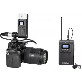 BOYA BY-WM8 Pro-K7 kétcsatornás UHF vezeték nélküli lavalier mikrofonrendszer 48 csatornával, 100 m hatótávolsággal, kamerára szerelhető vevővel (568-590 MHz)