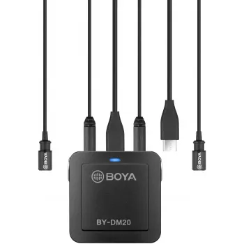 BOYA BY-DM20 kétcsatornás digitális sztereó kondenzátormikrofon USB-C-, Lightning- és USB-A-csatlakozóval, omnidirekcionális, 25Hz-20kHz, iOS, Android, Windows, Mac rendszerekhez