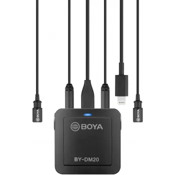 BOYA BY-DM20 kétcsatornás digitális sztereó kondenzátormikrofon USB-C-, Lightning- és USB-A-csatlakozóval, omnidirekcionális, 25Hz-20kHz, iOS, Android, Windows, Mac rendszerekhez